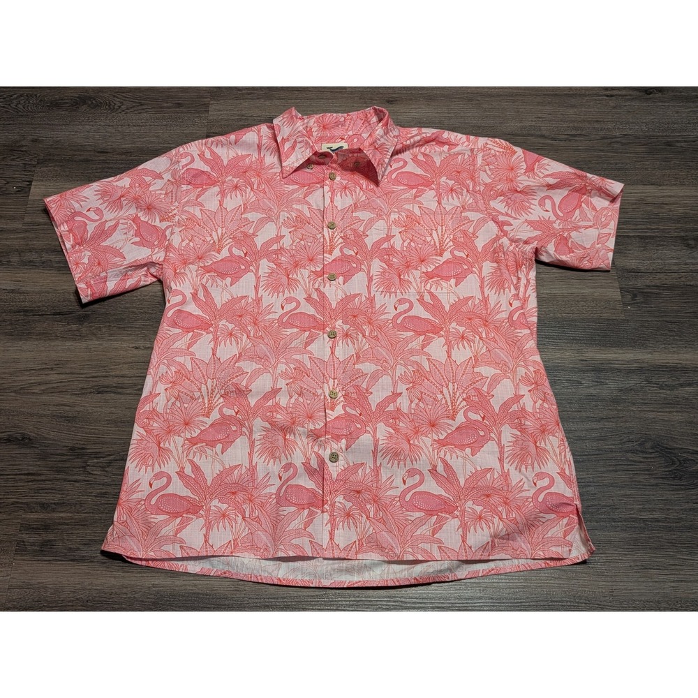 Yiume Mens XL Flamingo Palm Tropical Print Short Sleeve Button Down Shirt Pink